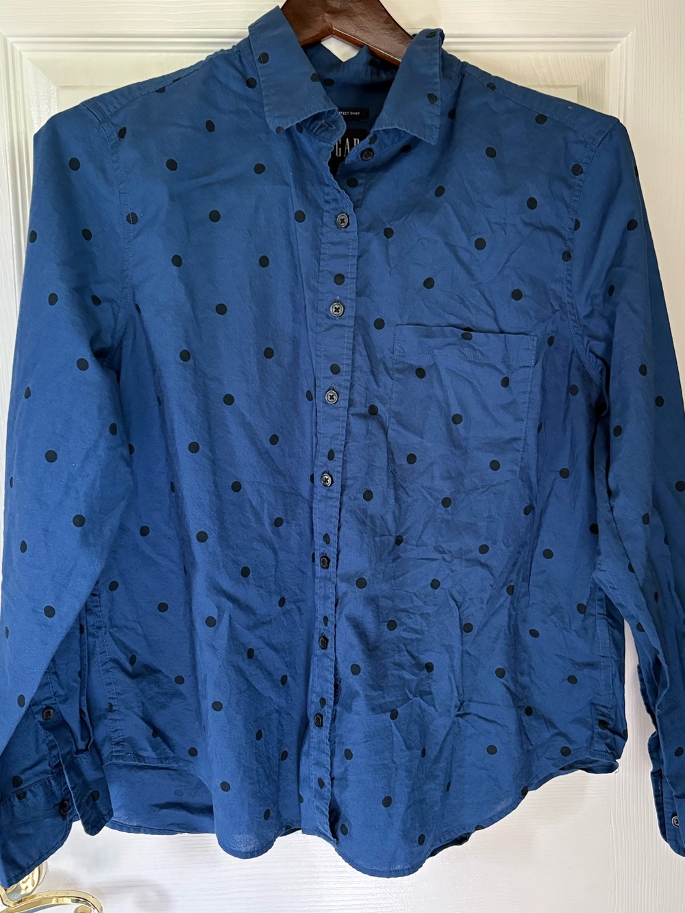 GAP women’s Blue Button-Down Shirt with Black Polka Dots